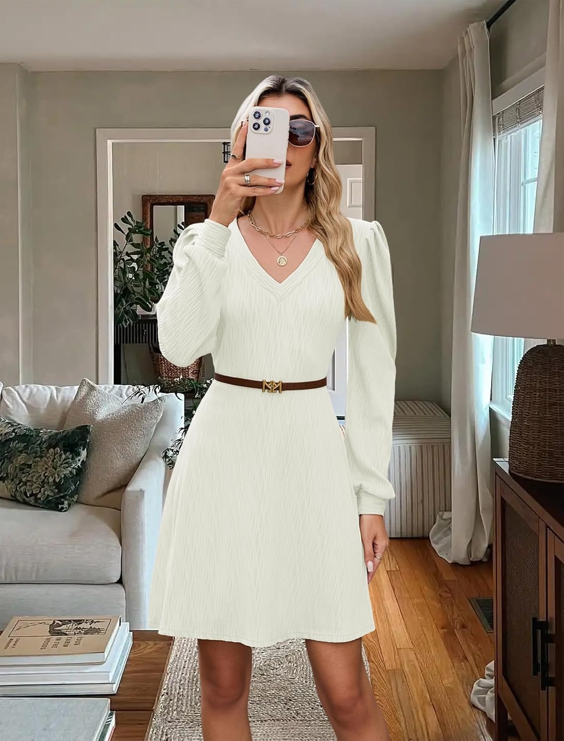 image:imageZAFUL Fall Dresses for Women 2026 Knit V Neck Long Sleeve Sweater Dress A Line Casual OutfitsBeige