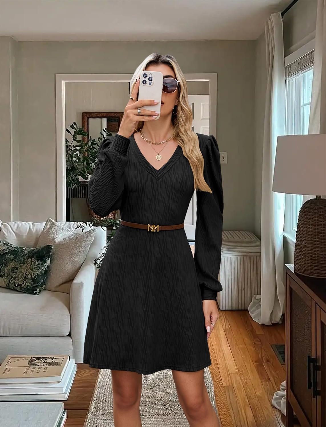 image:imageZAFUL Fall Dresses for Women 2026 Knit V Neck Long Sleeve Sweater Dress A Line Casual OutfitsBlack