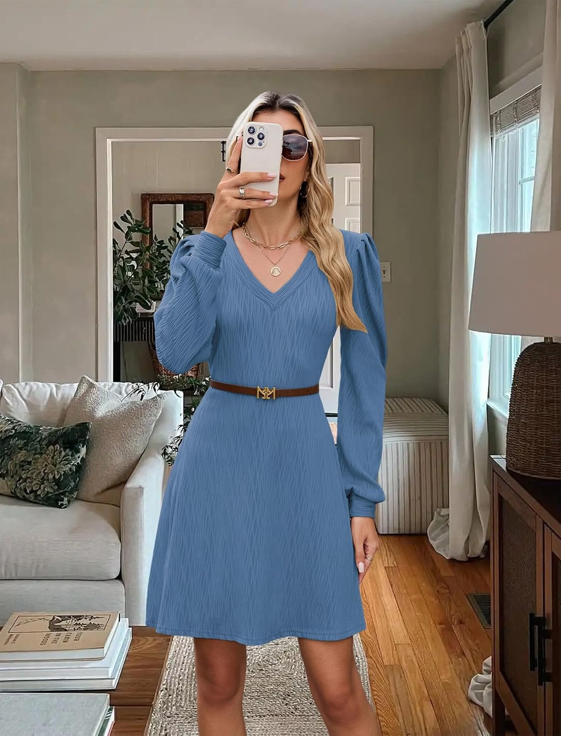 image:imageZAFUL Fall Dresses for Women 2026 Knit V Neck Long Sleeve Sweater Dress A Line Casual OutfitsBlue