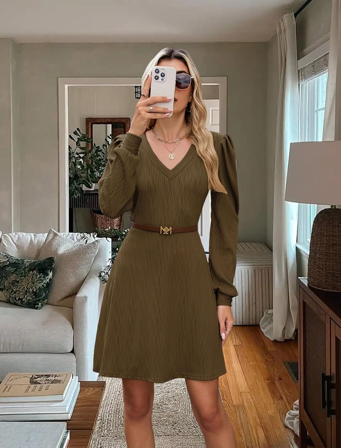 image:imageZAFUL Fall Dresses for Women 2026 Knit V Neck Long Sleeve Sweater Dress A Line Casual OutfitsBrown