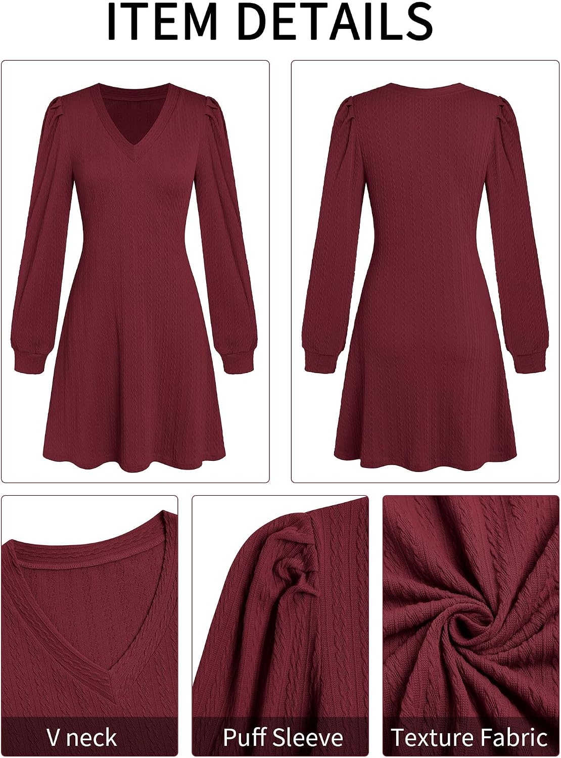image:imageZAFUL Fall Dresses for Women 2026 Knit V Neck Long Sleeve Sweater Dress A Line Casual OutfitsBurgundy