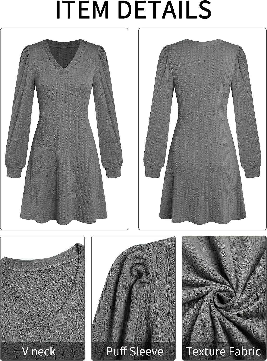 image:imageZAFUL Fall Dresses for Women 2026 Knit V Neck Long Sleeve Sweater Dress A Line Casual OutfitsDark Grey