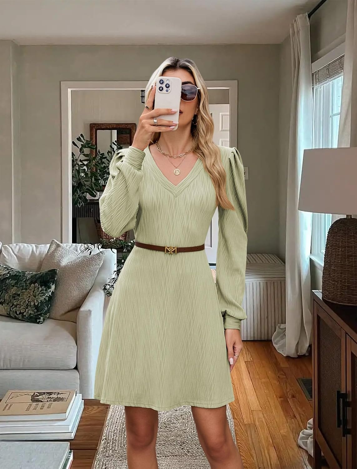 image:imageZAFUL Fall Dresses for Women 2026 Knit V Neck Long Sleeve Sweater Dress A Line Casual OutfitsGreen