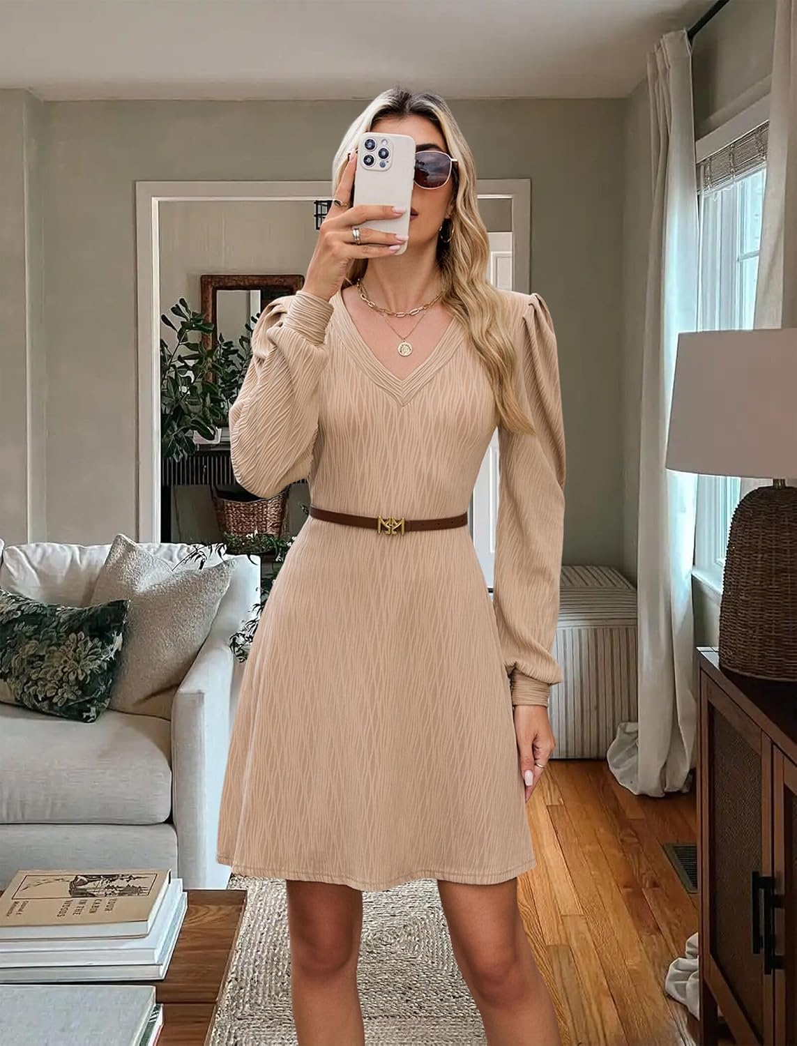 image:imageZAFUL Fall Dresses for Women 2026 Knit V Neck Long Sleeve Sweater Dress A Line Casual OutfitsKhaki
