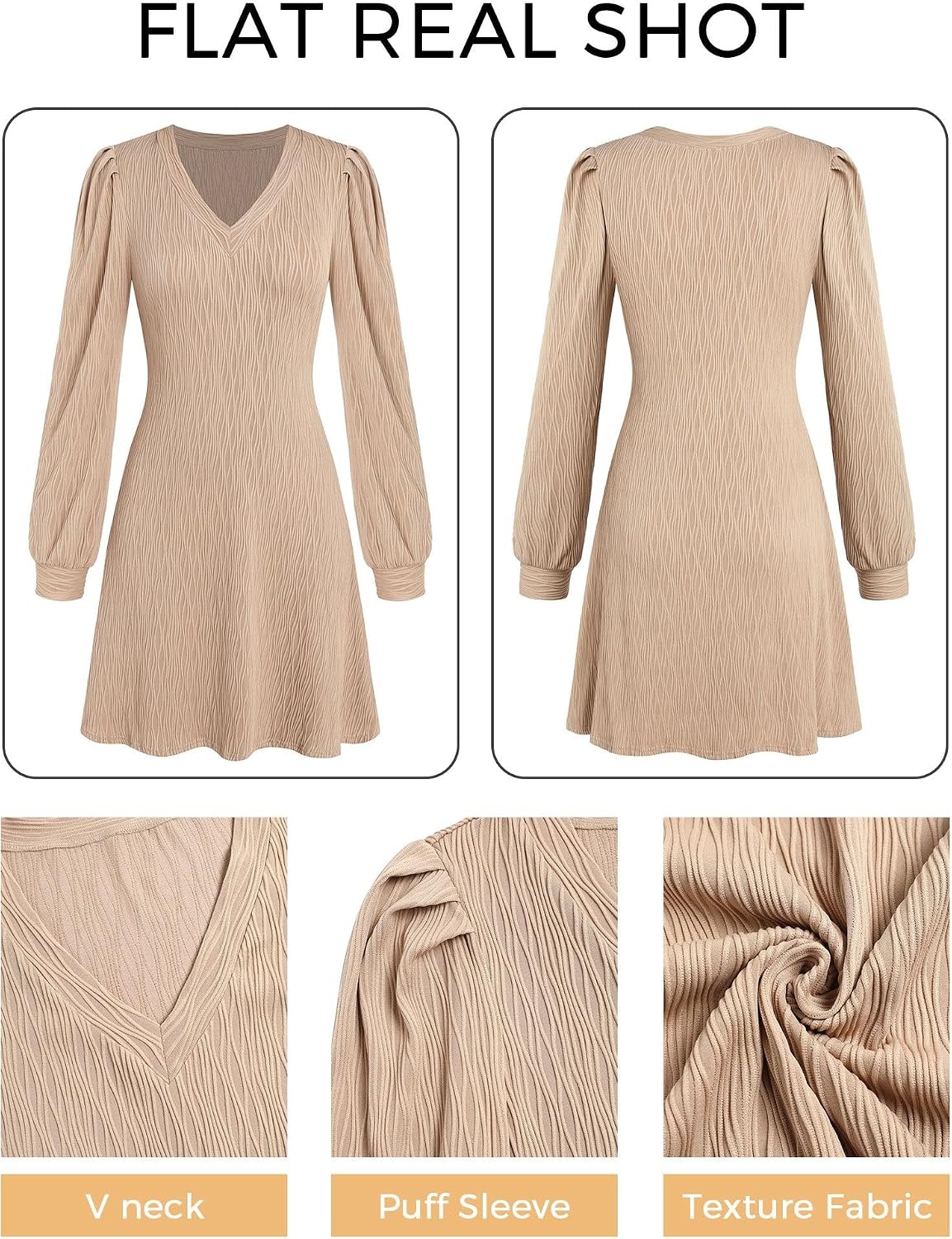 image:imageZAFUL Fall Dresses for Women 2026 Knit V Neck Long Sleeve Sweater Dress A Line Casual OutfitsKhaki