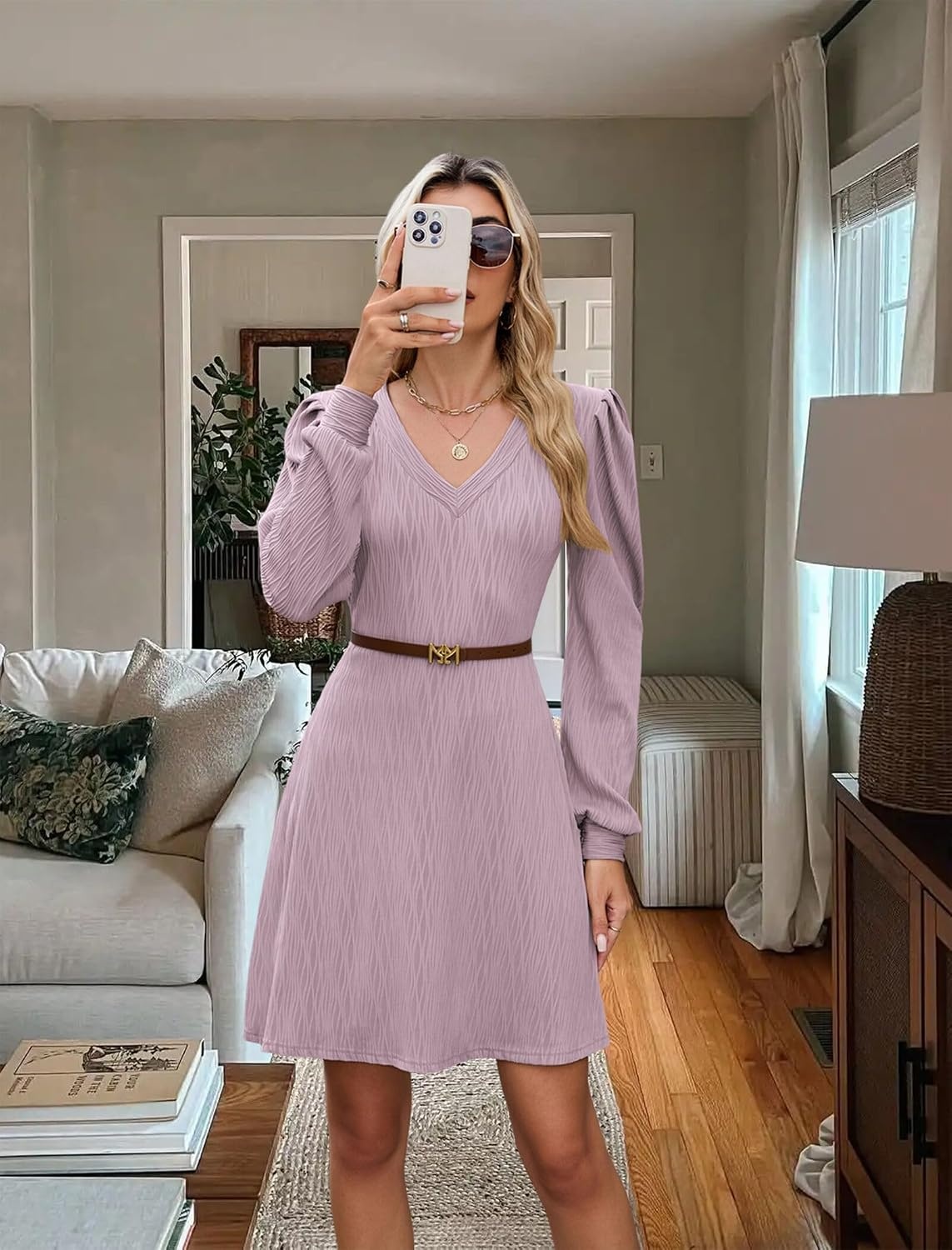 image:imageZAFUL Fall Dresses for Women 2026 Knit V Neck Long Sleeve Sweater Dress A Line Casual OutfitsPink