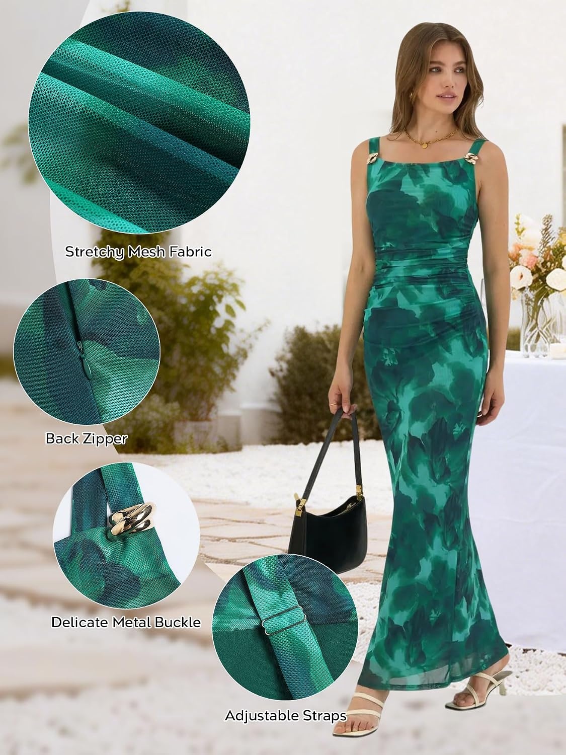 image:imageZAFUL Formal Wedding Guest Dress Cocktail Ruched Bodycon Dress Floral Green