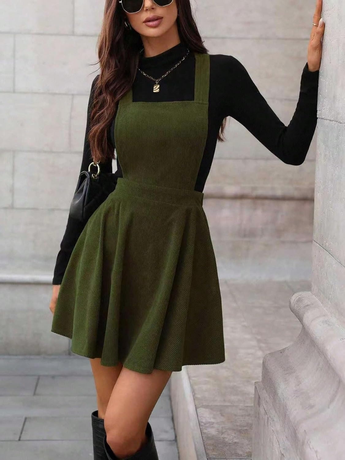 image:imageZAFUL Overalls Mini Dress for Women ALine Flared Dresses for Fall Winter0army Green
