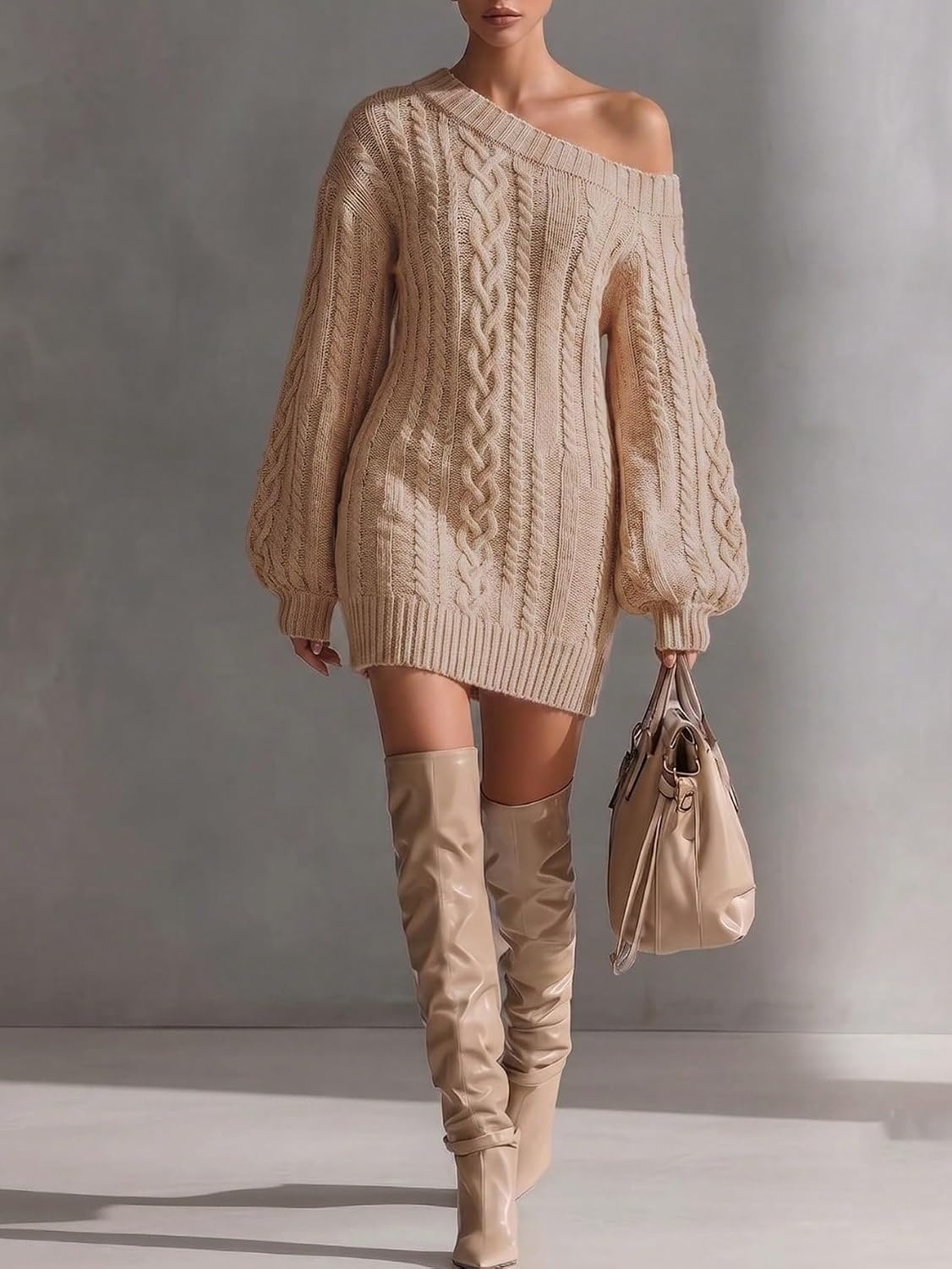 image:imageZAFUL Womens Cable Knit Cold Shoulder Long Sleeve Mini Sweater Dress0khaki