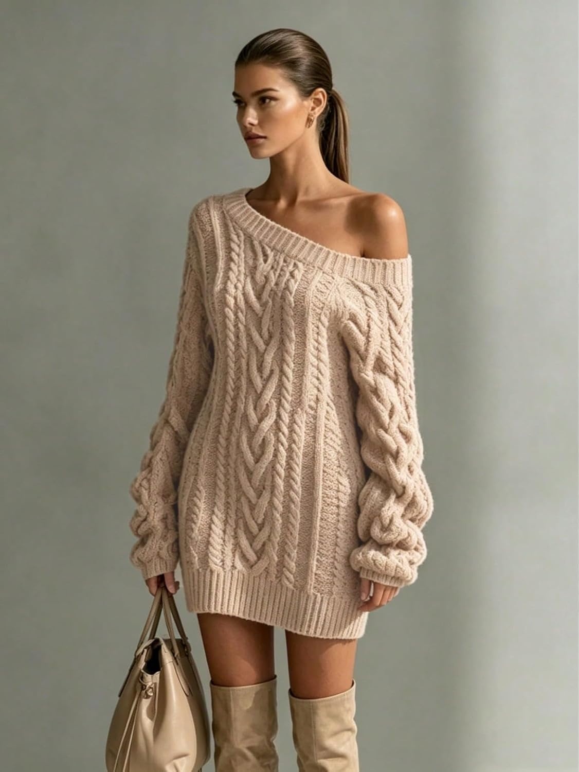 image:imageZAFUL Womens Cable Knit Cold Shoulder Long Sleeve Mini Sweater Dress0khaki