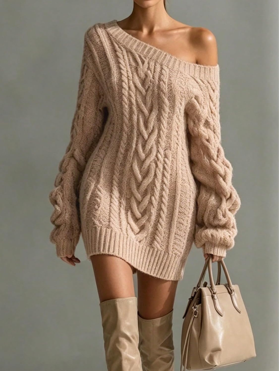 image:imageZAFUL Womens Cable Knit Cold Shoulder Long Sleeve Mini Sweater Dress0khaki