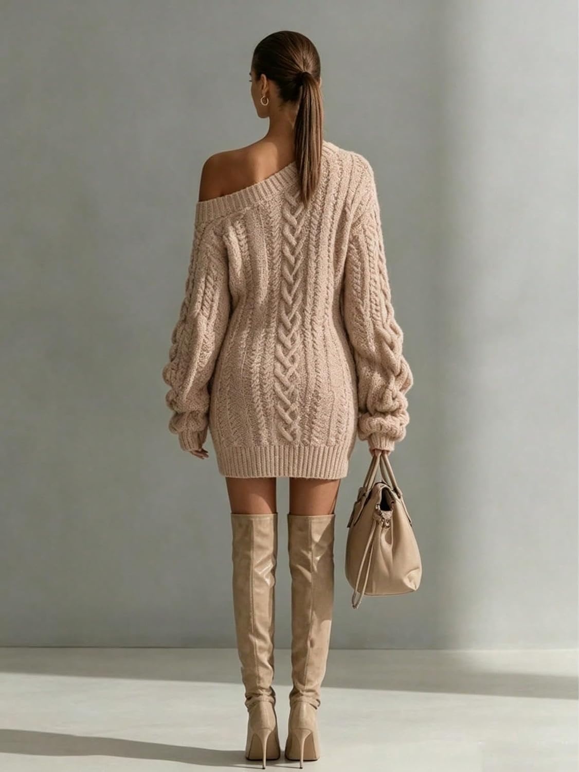 image:imageZAFUL Womens Cable Knit Cold Shoulder Long Sleeve Mini Sweater Dress0khaki