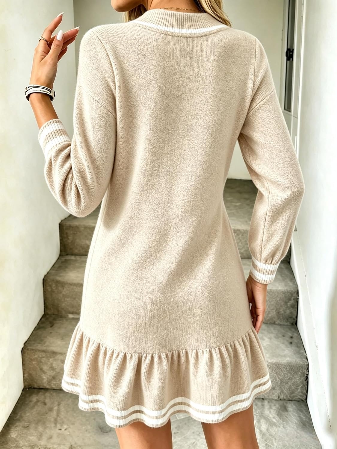 image:imageZAFUL Womens Collared VNeck Sweater Dress Ruffle Knit Babydoll DressBeige