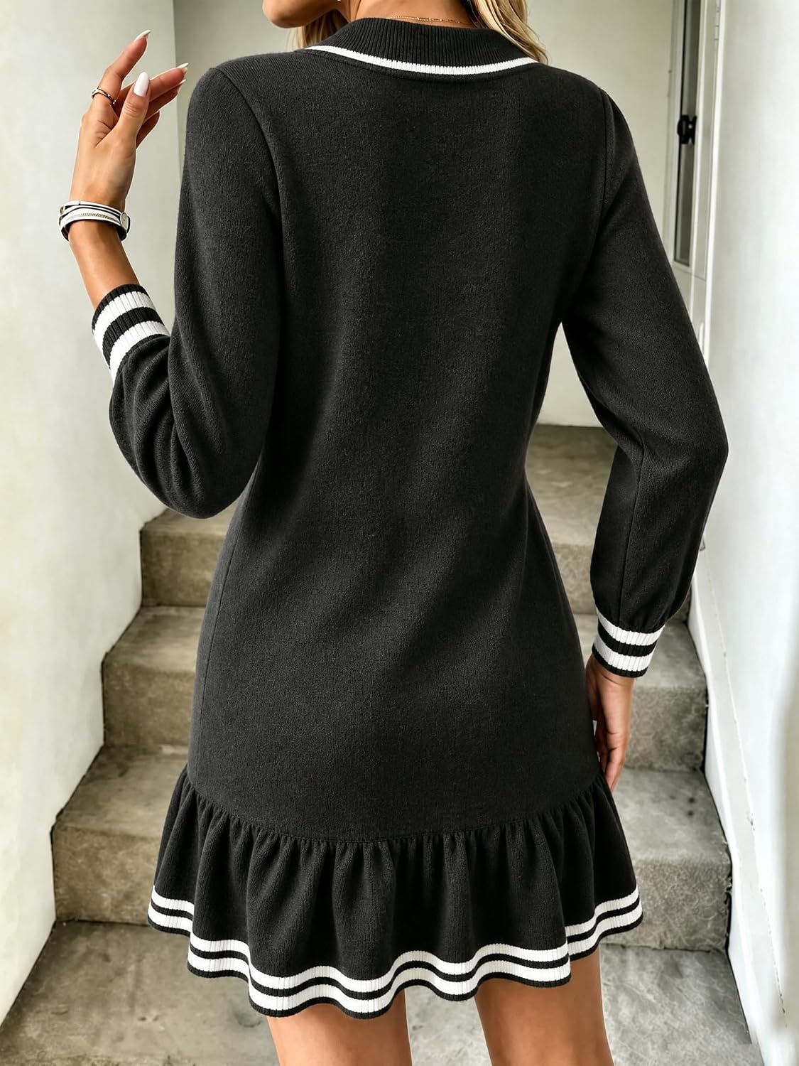 image:imageZAFUL Womens Collared VNeck Sweater Dress Ruffle Knit Babydoll DressBlack