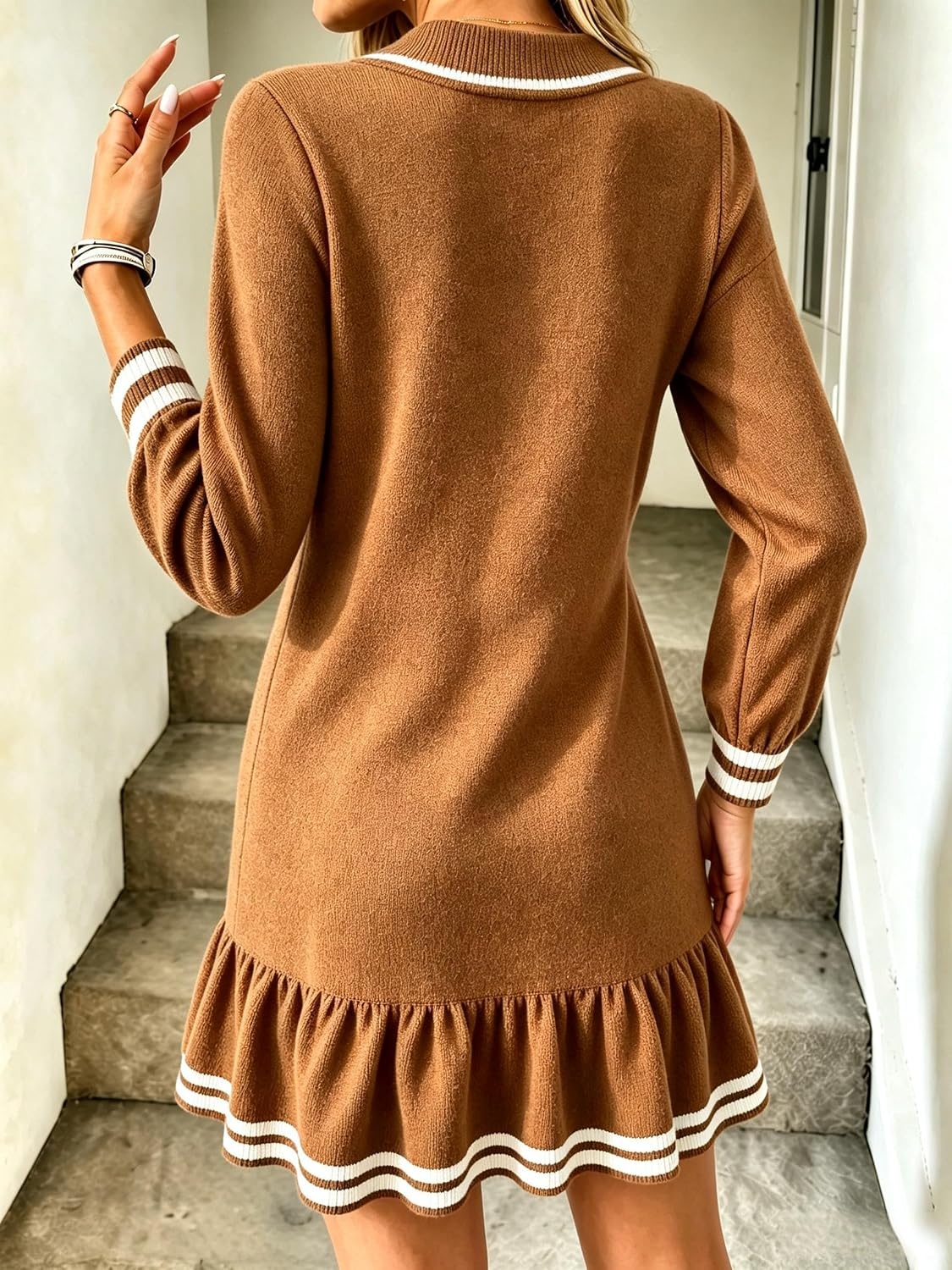 image:imageZAFUL Womens Collared VNeck Sweater Dress Ruffle Knit Babydoll DressCoffee Yellow
