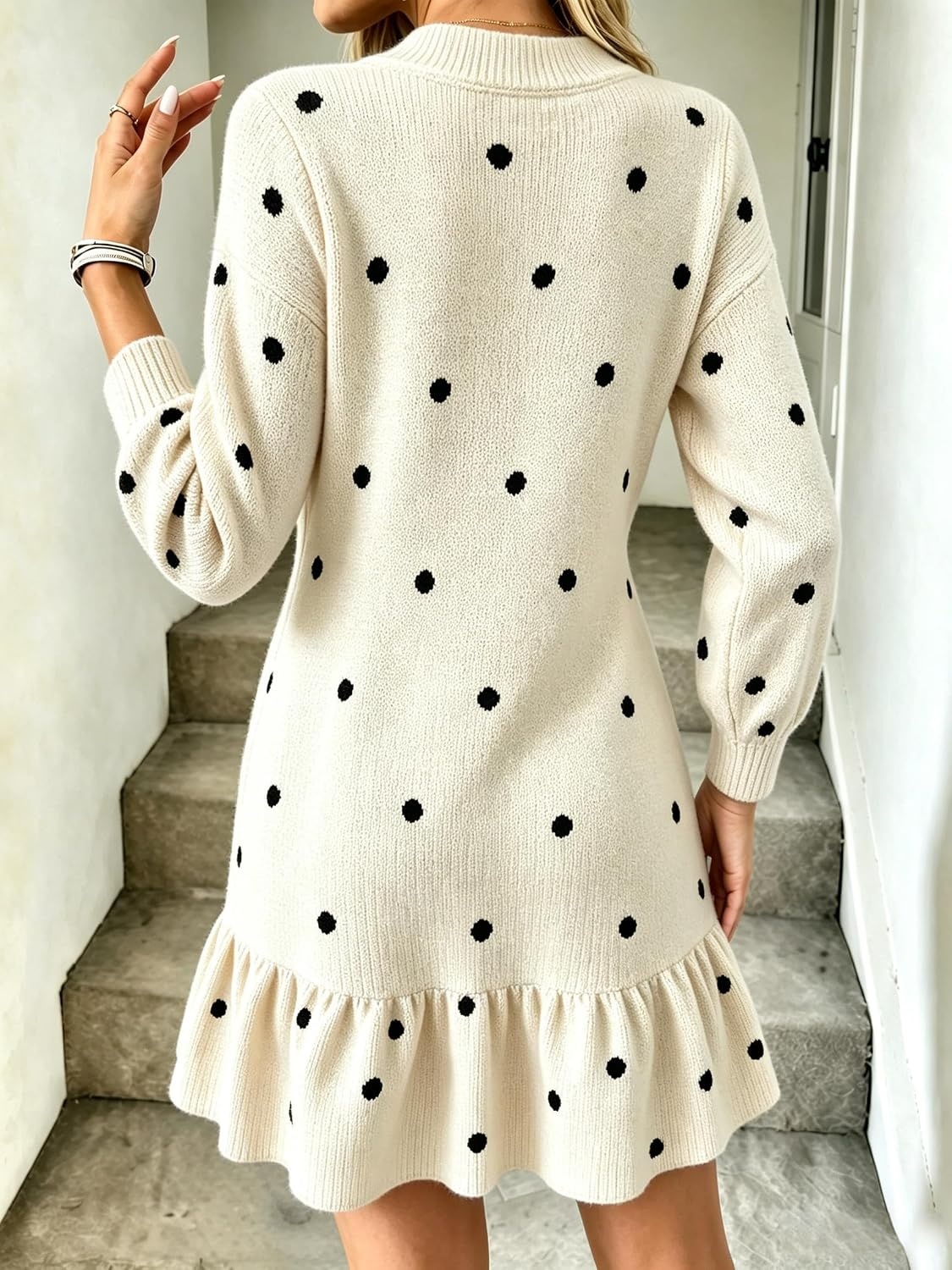 image:imageZAFUL Womens Collared VNeck Sweater Dress Ruffle Knit Babydoll DressPolka Dots