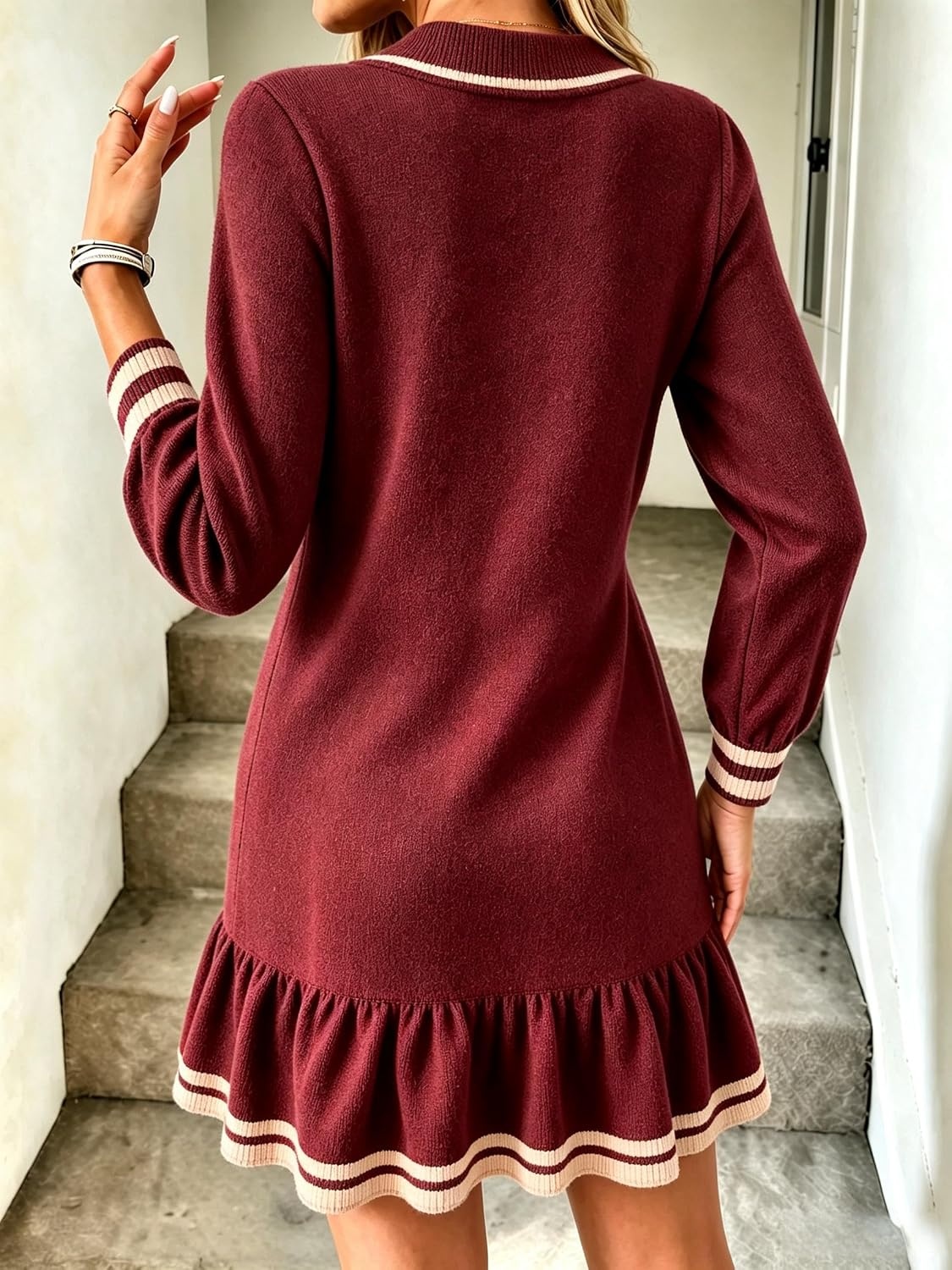 image:imageZAFUL Womens Collared VNeck Sweater Dress Ruffle Knit Babydoll DressWine Red