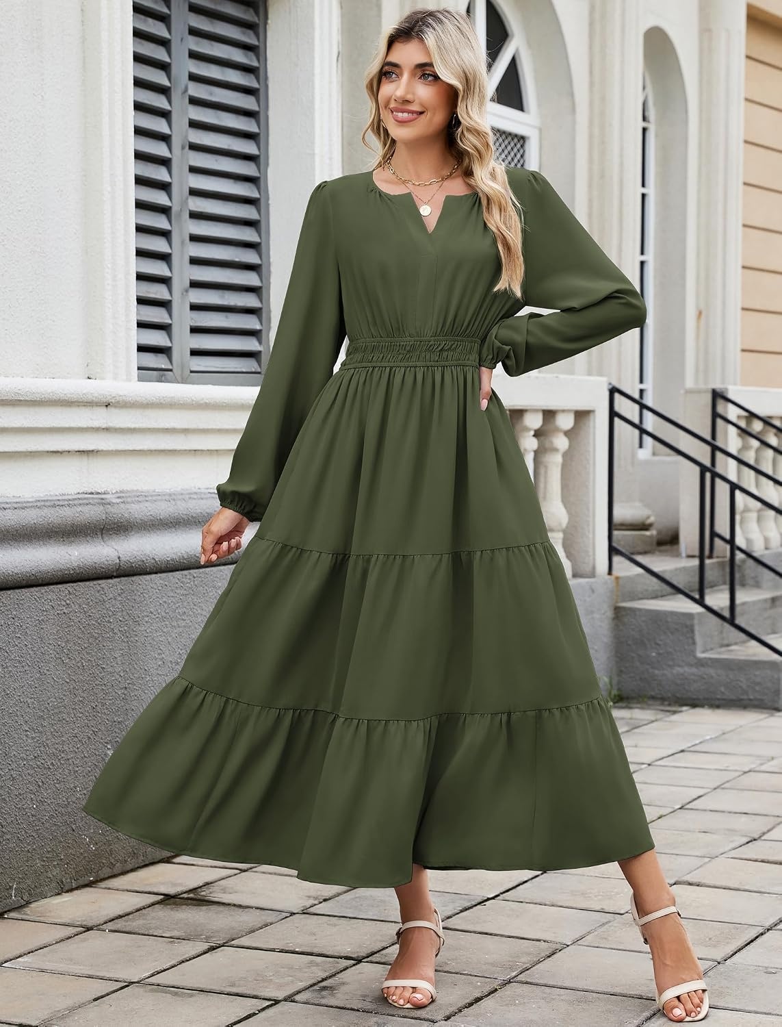 image:imageZAFUL Womens Fall Casual Maxi Dresses Long Sleeve ALine Flowy DressArmy Green