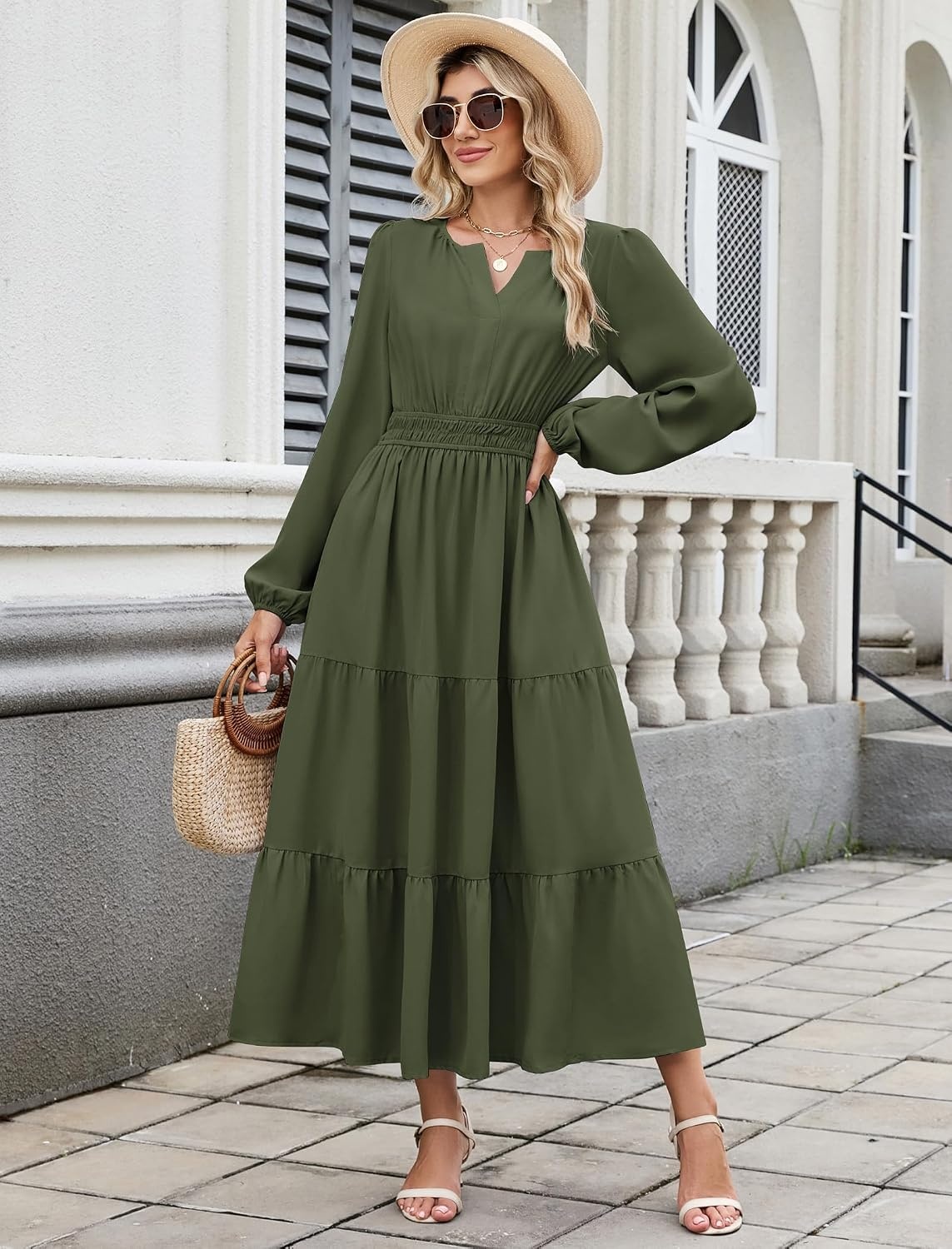 image:imageZAFUL Womens Fall Casual Maxi Dresses Long Sleeve ALine Flowy DressArmy Green