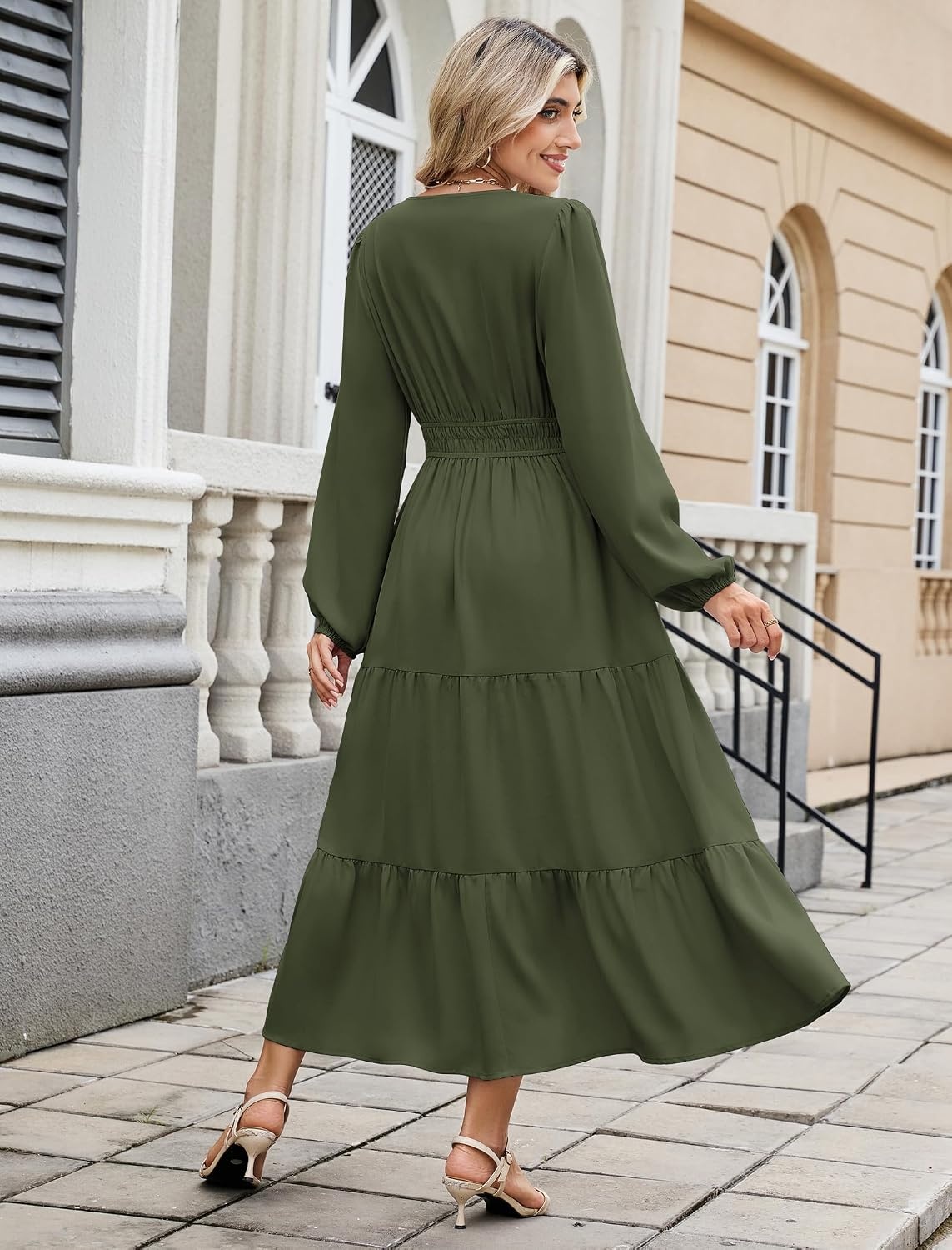image:imageZAFUL Womens Fall Casual Maxi Dresses Long Sleeve ALine Flowy DressArmy Green
