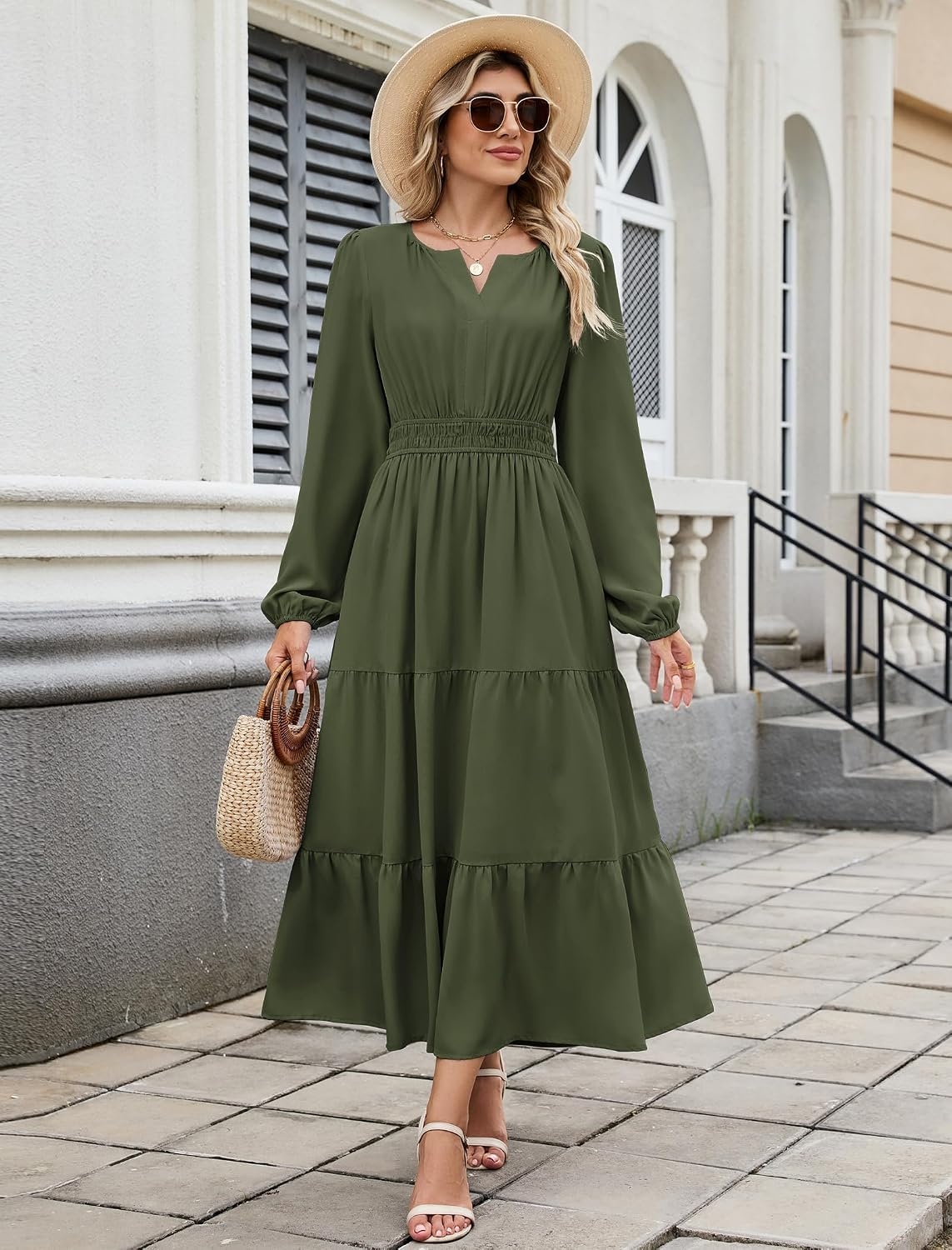 image:imageZAFUL Womens Fall Casual Maxi Dresses Long Sleeve ALine Flowy DressArmy Green