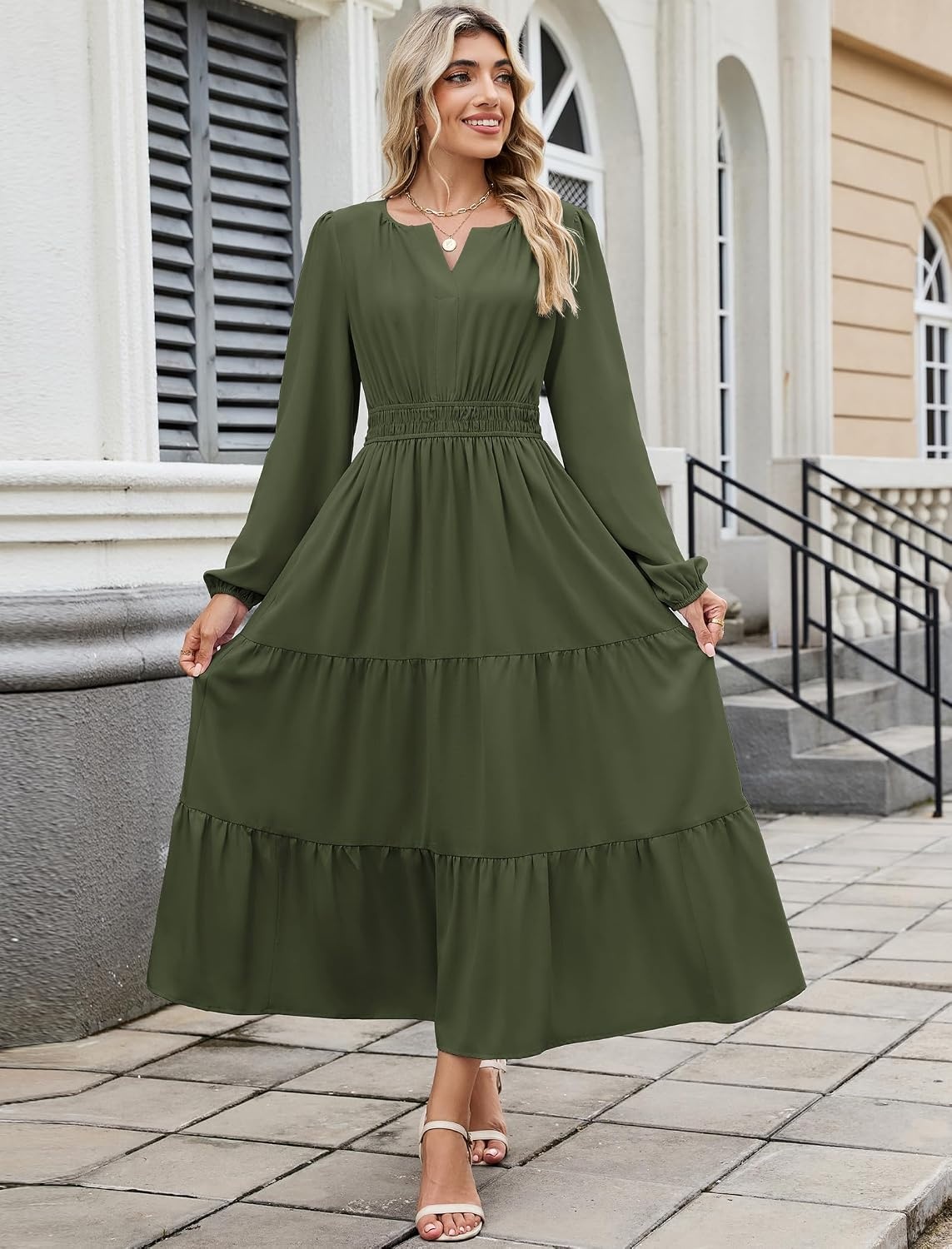 image:imageZAFUL Womens Fall Casual Maxi Dresses Long Sleeve ALine Flowy DressArmy Green