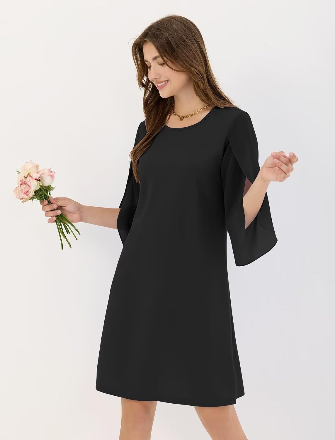 image:imageZAFUL Womens Fall Chiffon Dresses 34 Sleeve Casual Short Dress for WorkBlack