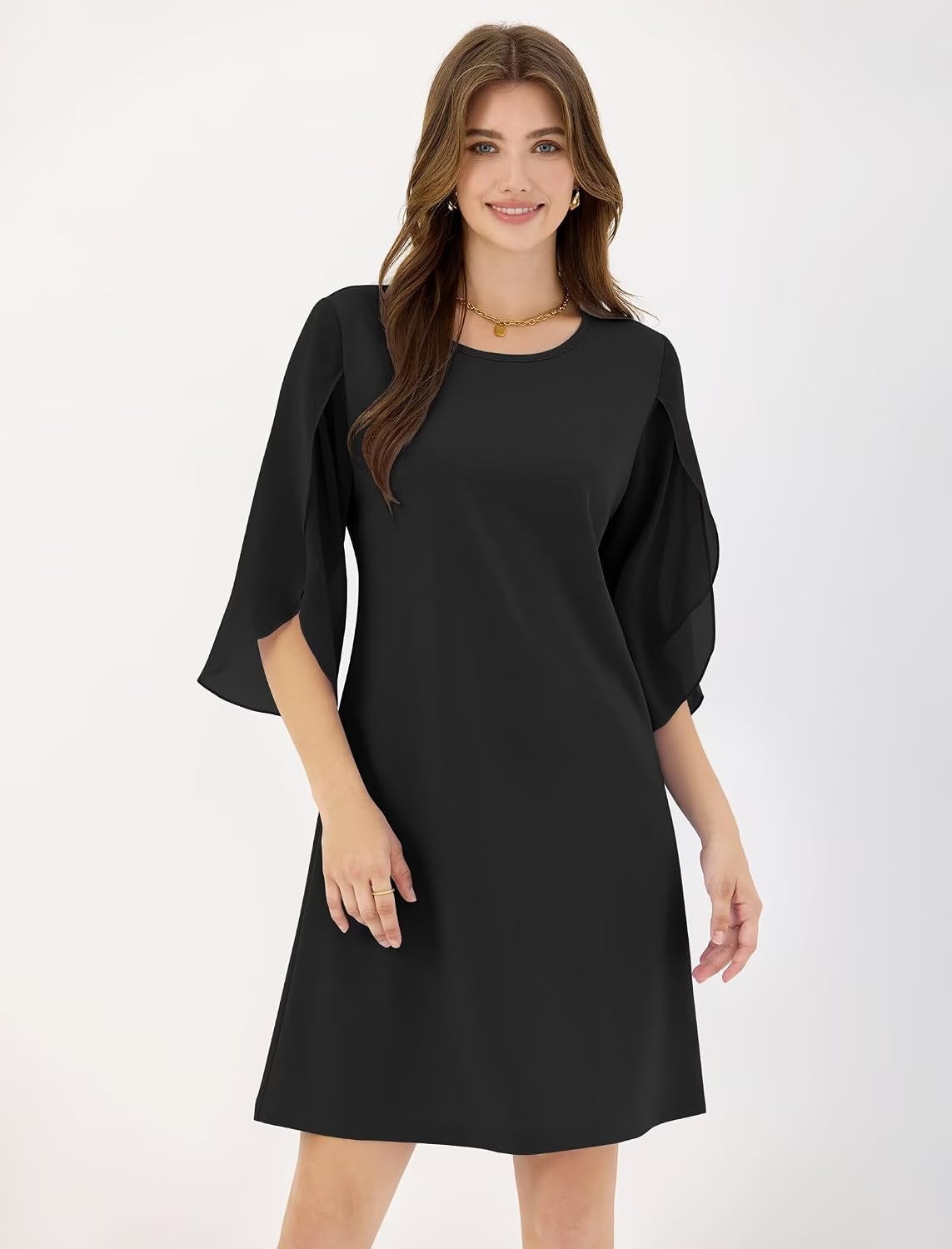 image:imageZAFUL Womens Fall Chiffon Dresses 34 Sleeve Casual Short Dress for WorkBlack