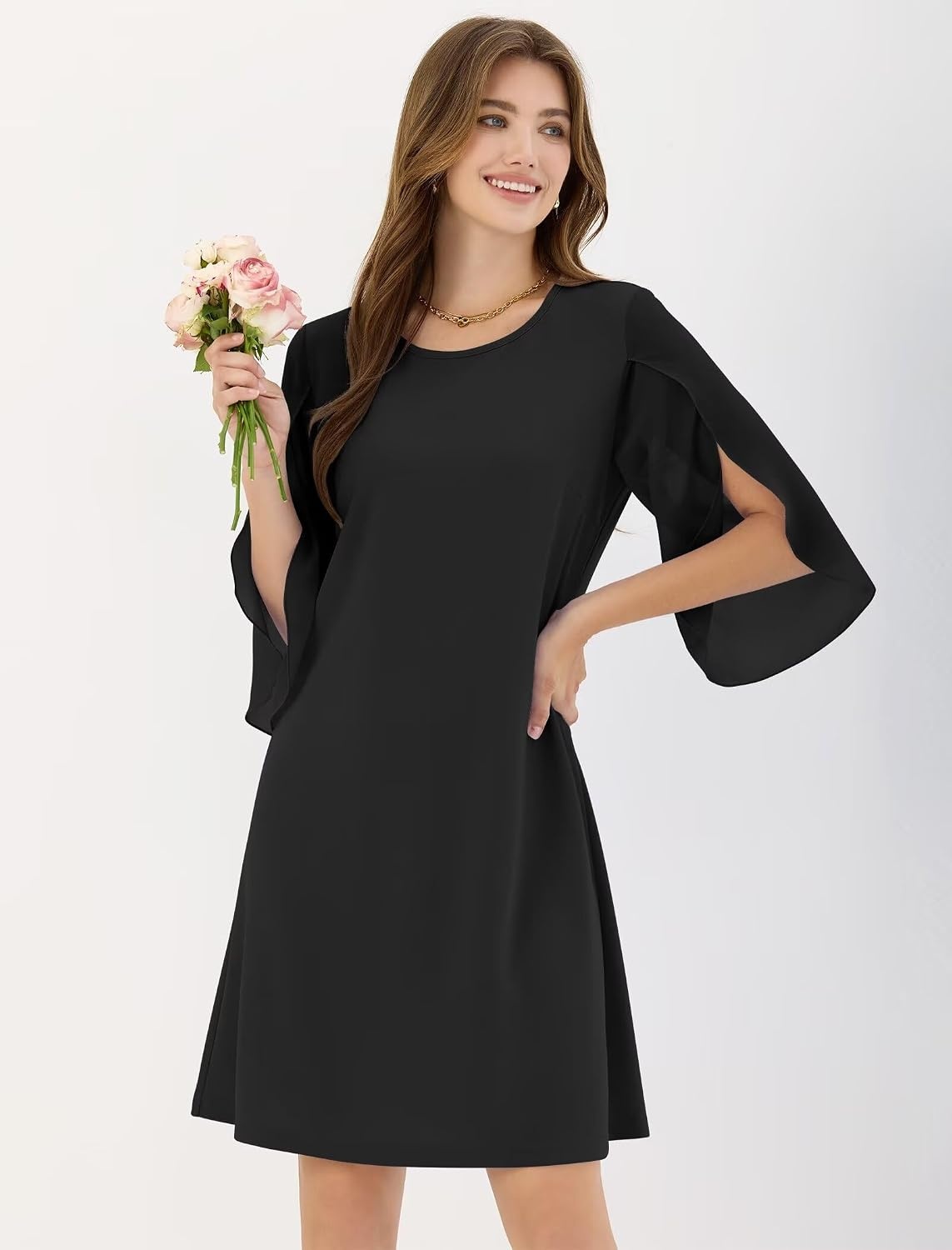 image:imageZAFUL Womens Fall Chiffon Dresses 34 Sleeve Casual Short Dress for WorkBlack