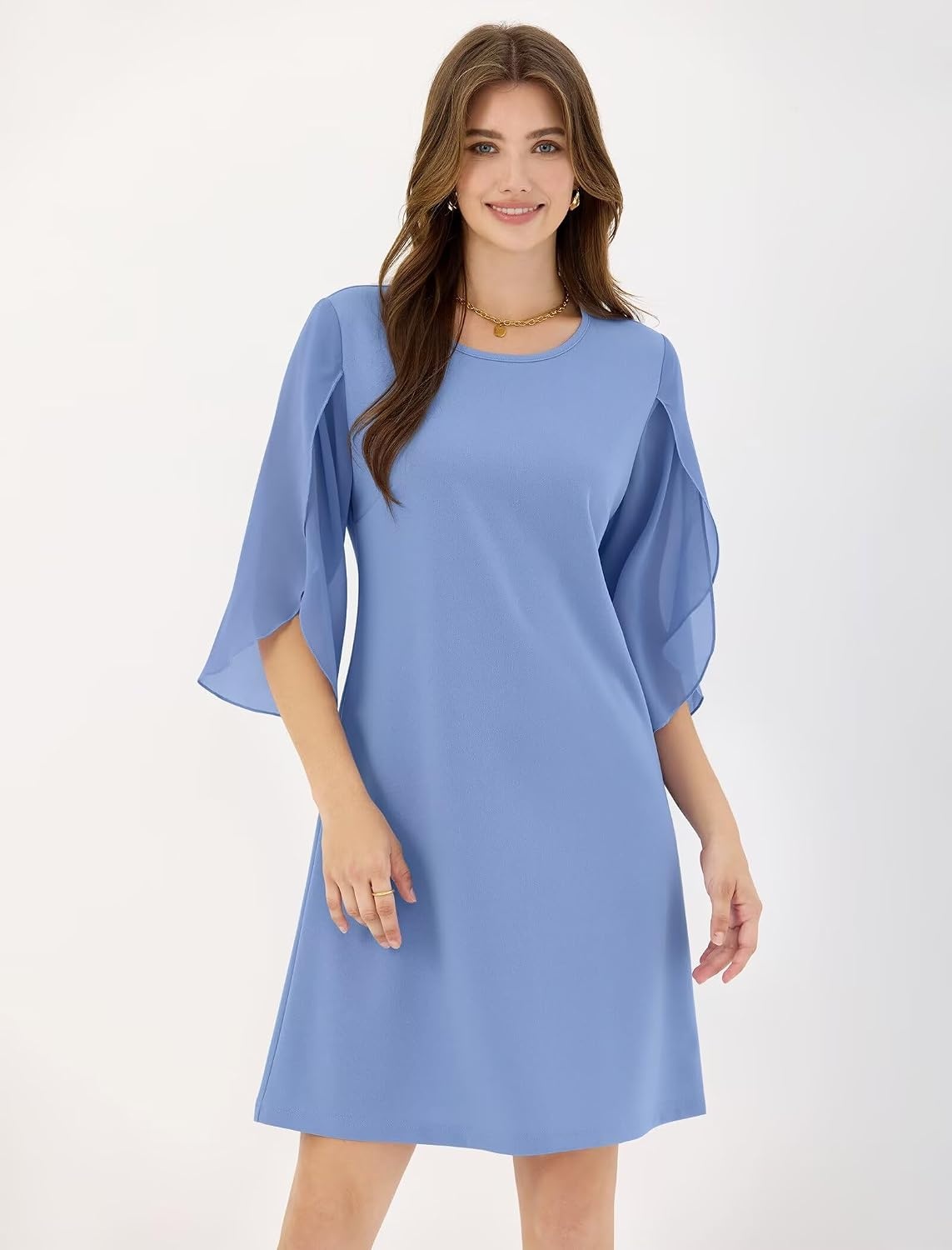 image:imageZAFUL Womens Fall Chiffon Dresses 34 Sleeve Casual Short Dress for WorkLight Blue
