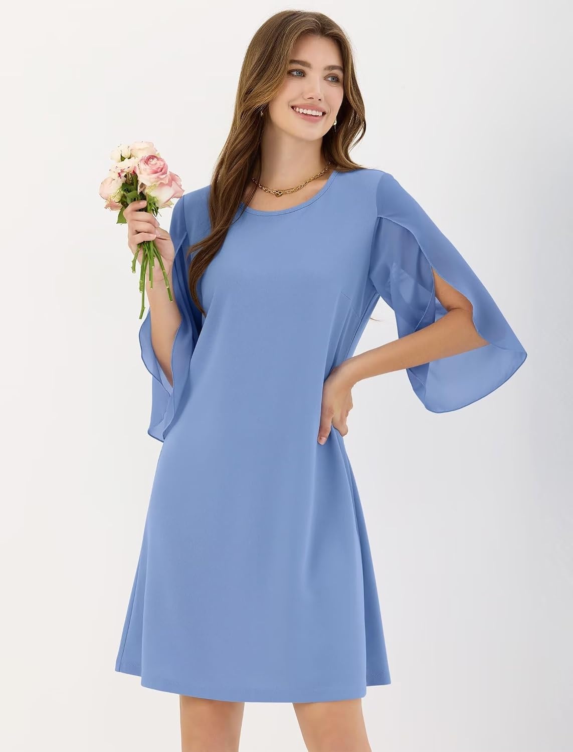 image:imageZAFUL Womens Fall Chiffon Dresses 34 Sleeve Casual Short Dress for WorkLight Blue