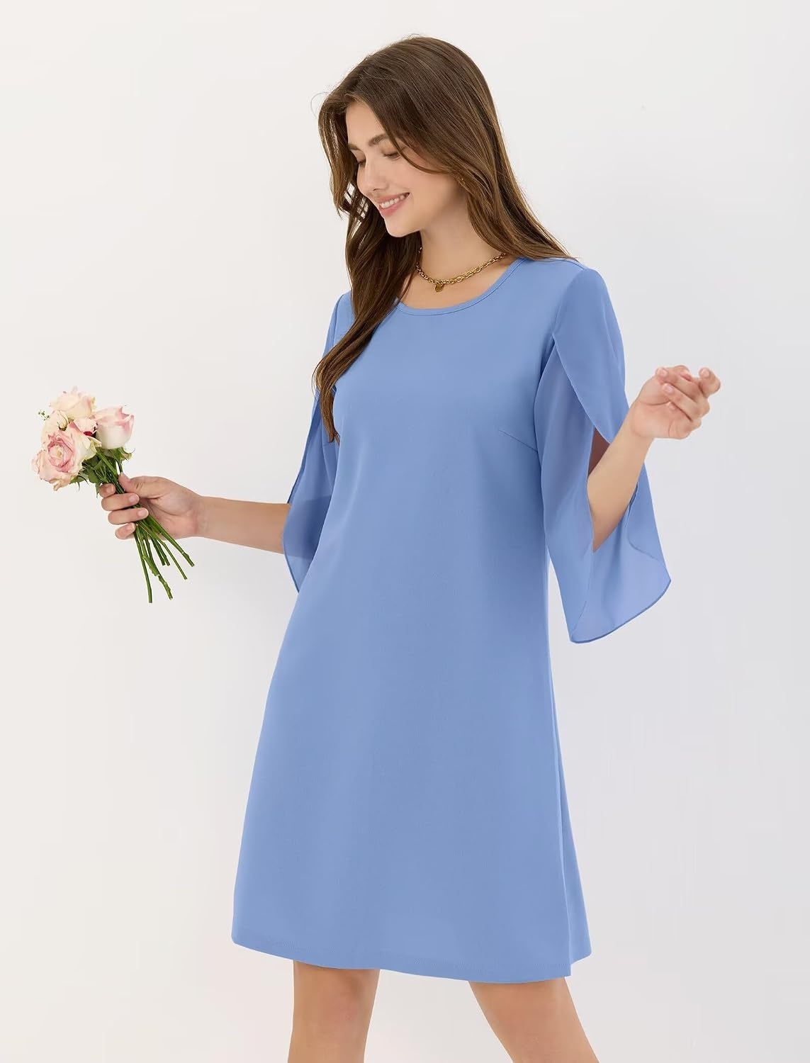 image:imageZAFUL Womens Fall Chiffon Dresses 34 Sleeve Casual Short Dress for WorkLight Blue