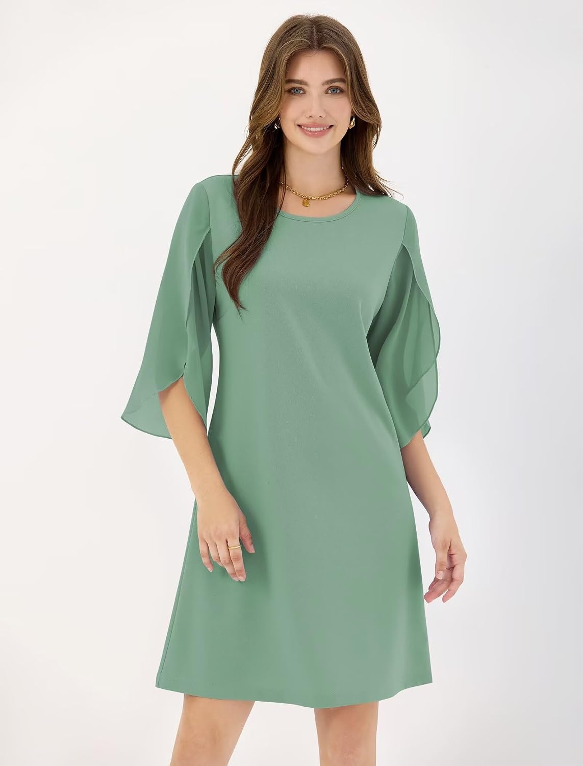 image:imageZAFUL Womens Fall Chiffon Dresses 34 Sleeve Casual Short Dress for WorkLight Green