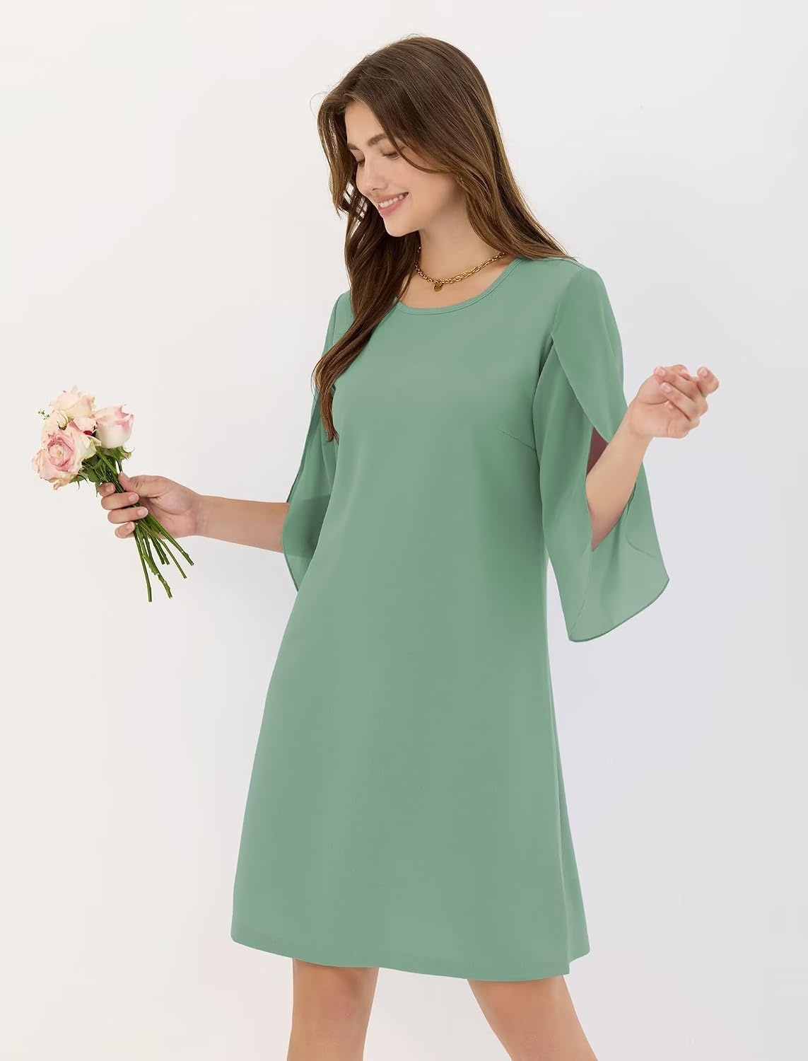 image:imageZAFUL Womens Fall Chiffon Dresses 34 Sleeve Casual Short Dress for WorkLight Green