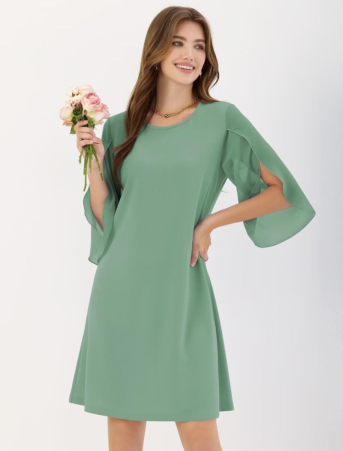 image:imageZAFUL Womens Fall Chiffon Dresses 34 Sleeve Casual Short Dress for WorkLight Green