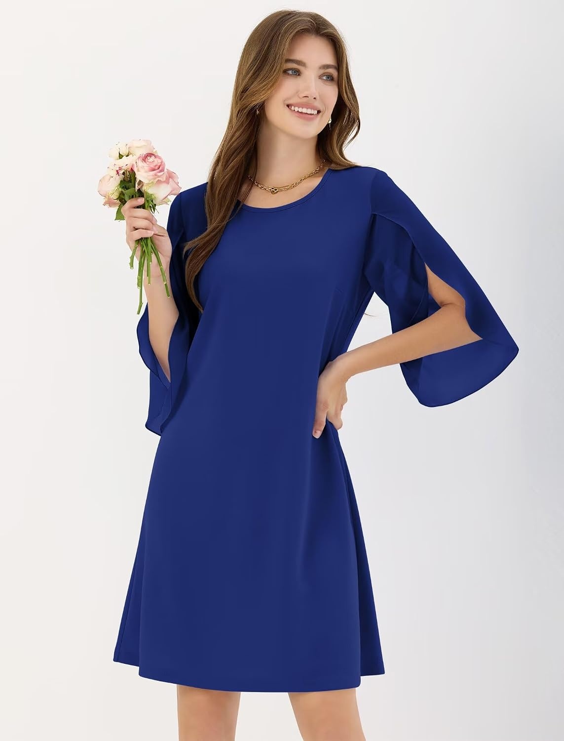 image:imageZAFUL Womens Fall Chiffon Dresses 34 Sleeve Casual Short Dress for WorkNavy
