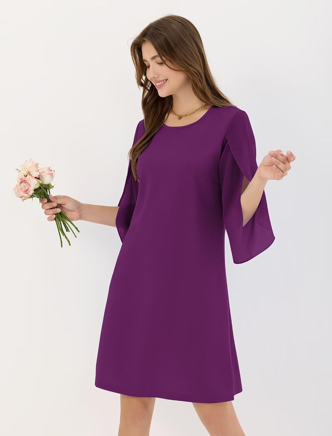 image:imageZAFUL Womens Fall Chiffon Dresses 34 Sleeve Casual Short Dress for WorkRose Red