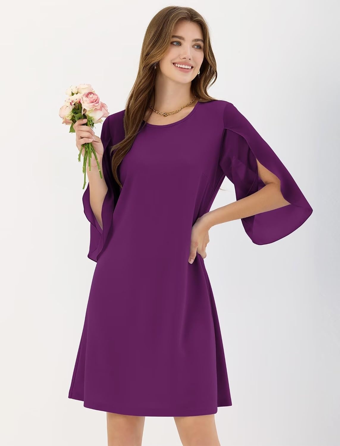 image:imageZAFUL Womens Fall Chiffon Dresses 34 Sleeve Casual Short Dress for WorkRose Red