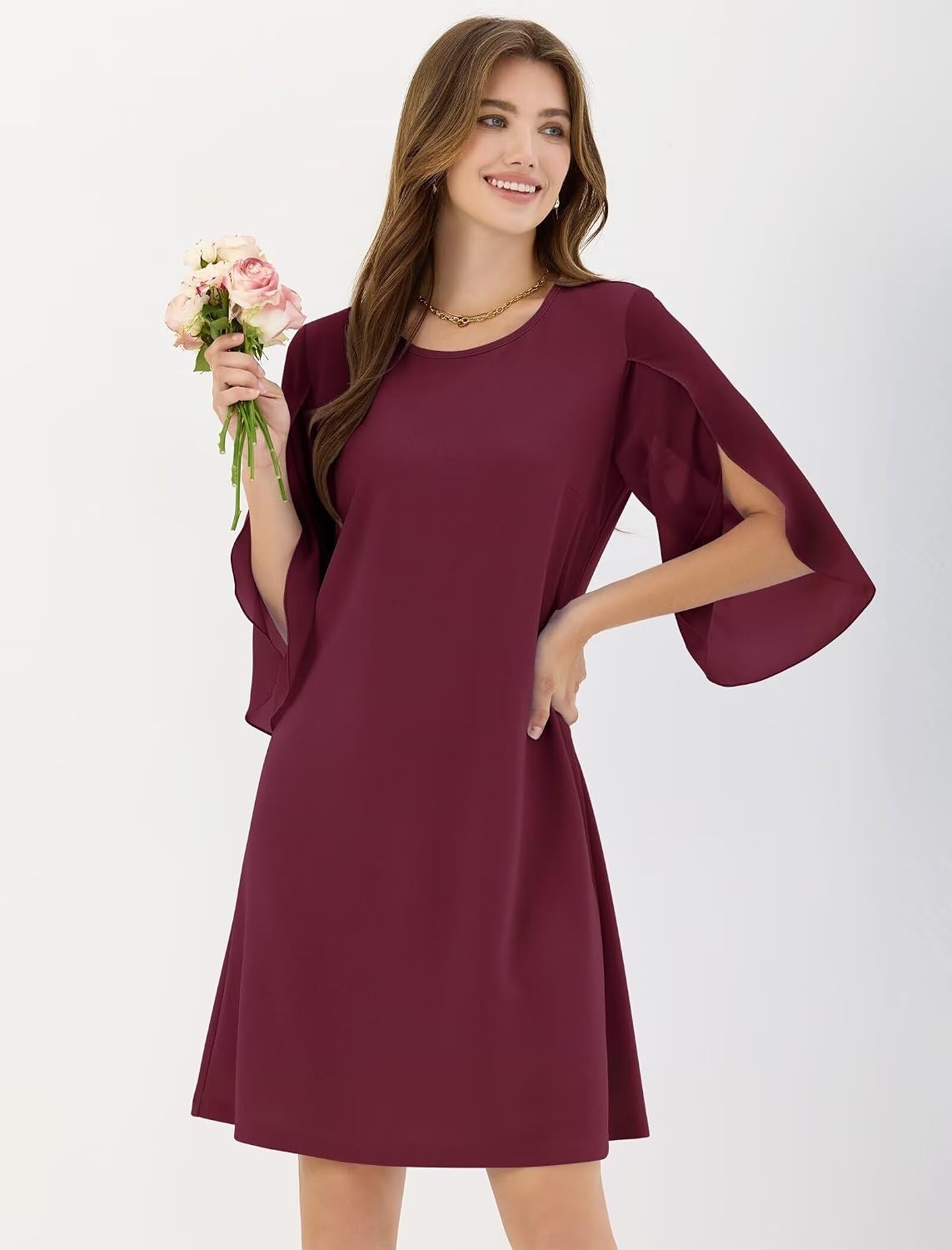 image:imageZAFUL Womens Fall Chiffon Dresses 34 Sleeve Casual Short Dress for WorkWine