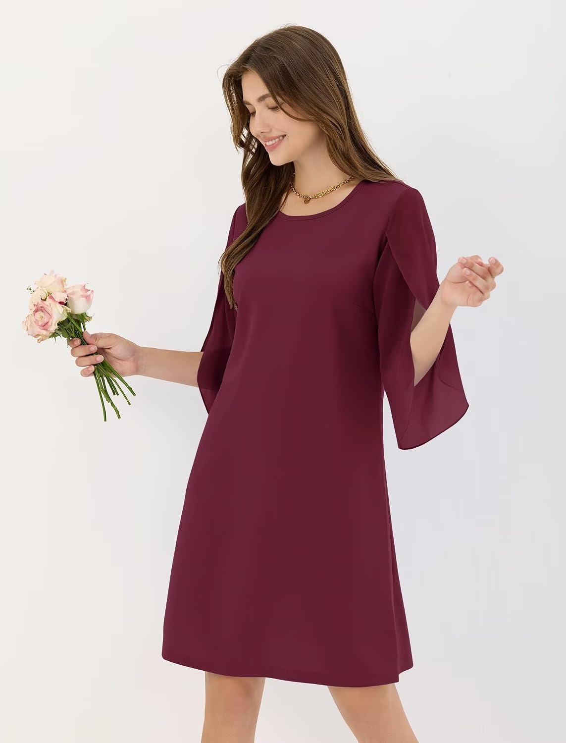 image:imageZAFUL Womens Fall Chiffon Dresses 34 Sleeve Casual Short Dress for WorkWine