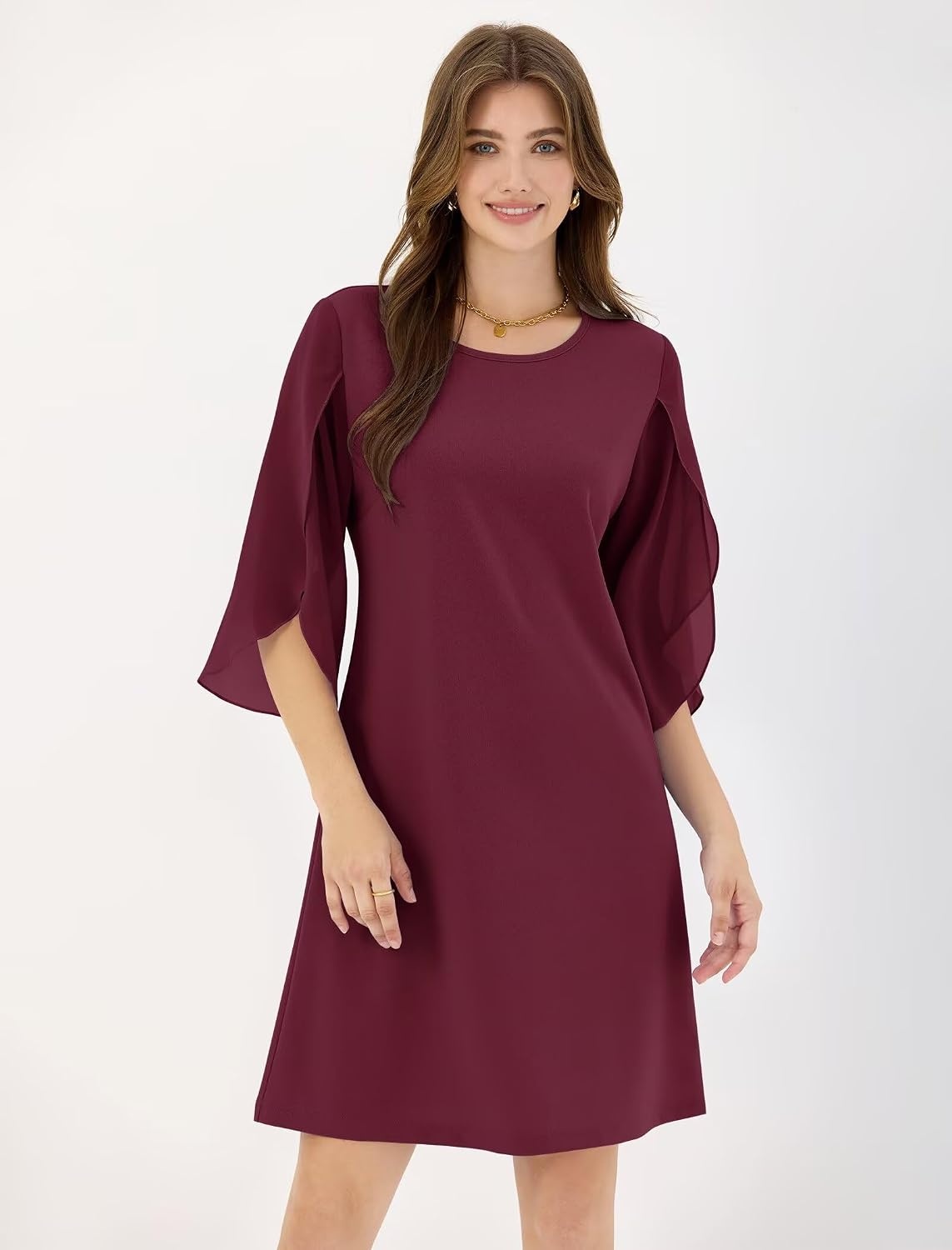 image:imageZAFUL Womens Fall Chiffon Dresses 34 Sleeve Casual Short Dress for WorkWine