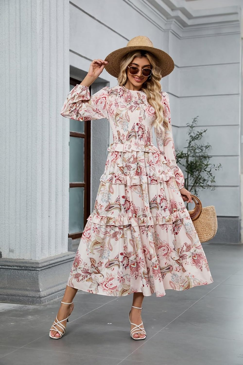 image:imageZAFUL Womens Fall Dresses Long Puff Sleeve Tiered Ruffled Flowy Maxi DressBeige