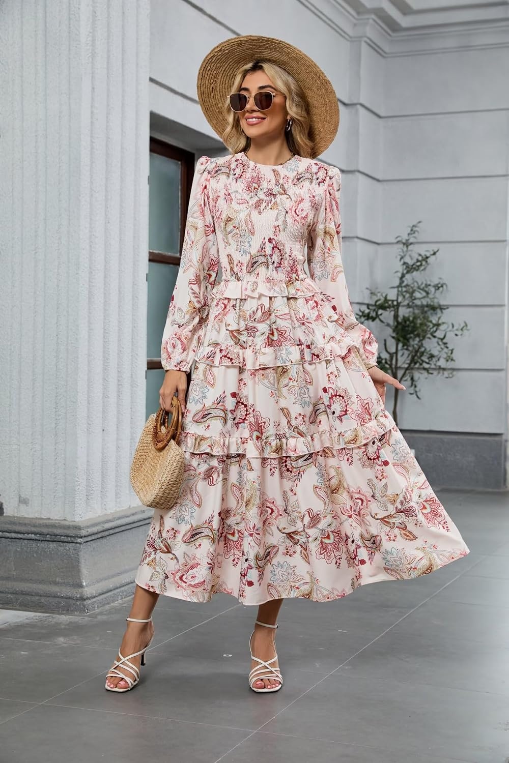 image:imageZAFUL Womens Fall Dresses Long Puff Sleeve Tiered Ruffled Flowy Maxi DressBeige