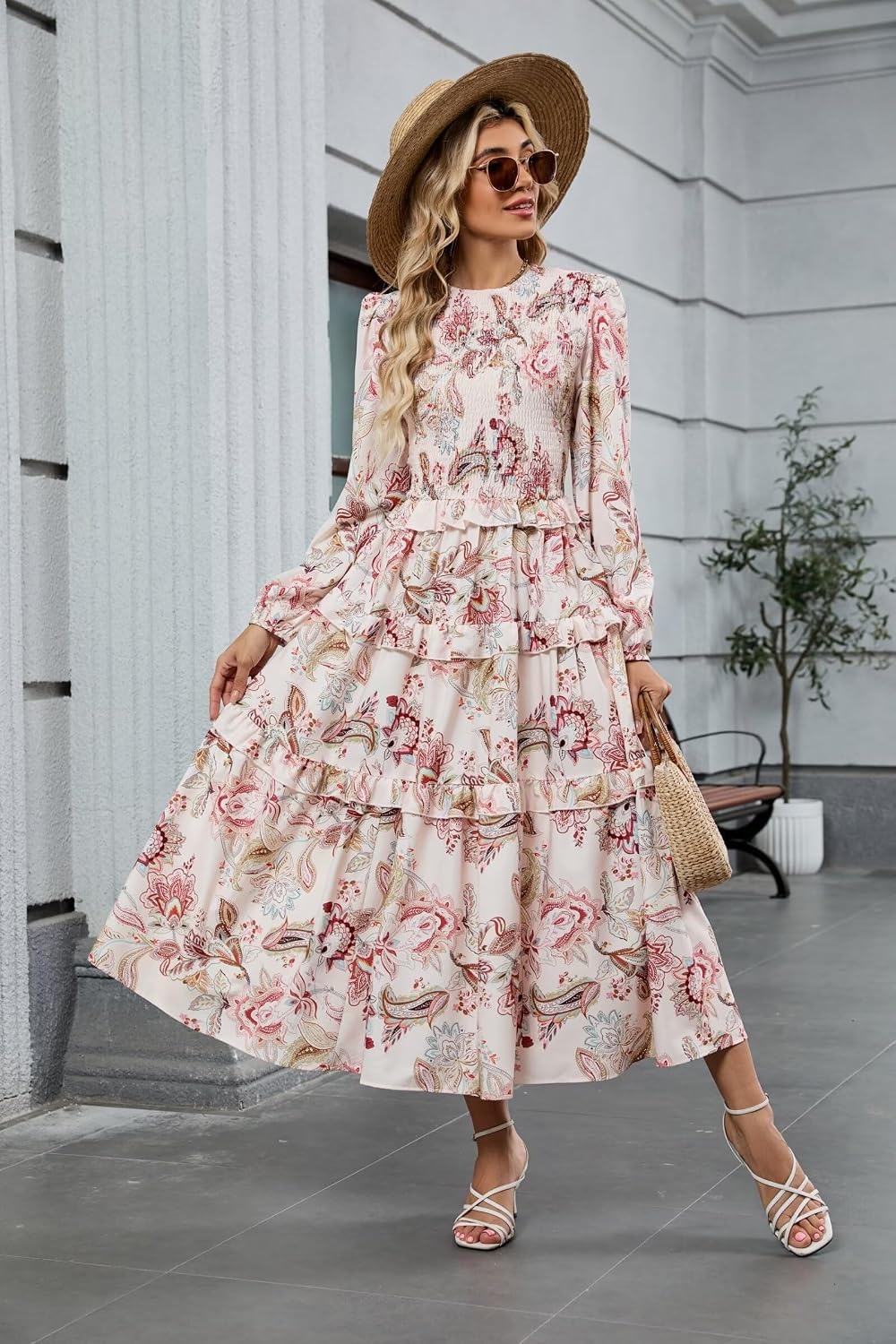 image:imageZAFUL Womens Fall Dresses Long Puff Sleeve Tiered Ruffled Flowy Maxi DressBeige