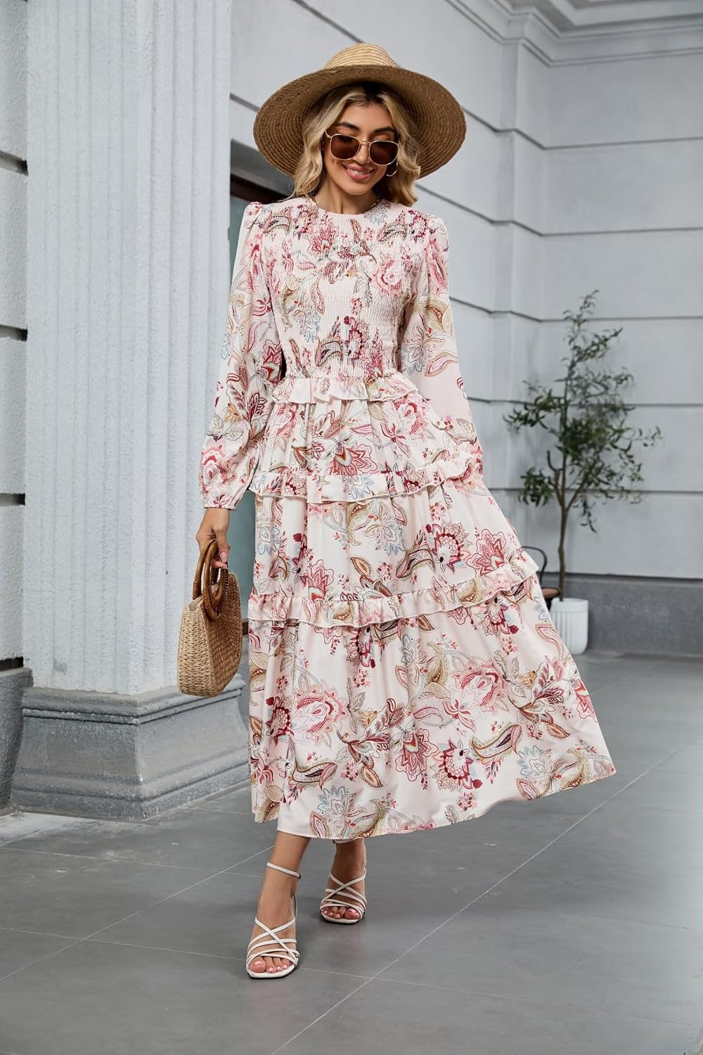 image:imageZAFUL Womens Fall Dresses Long Puff Sleeve Tiered Ruffled Flowy Maxi DressBeige