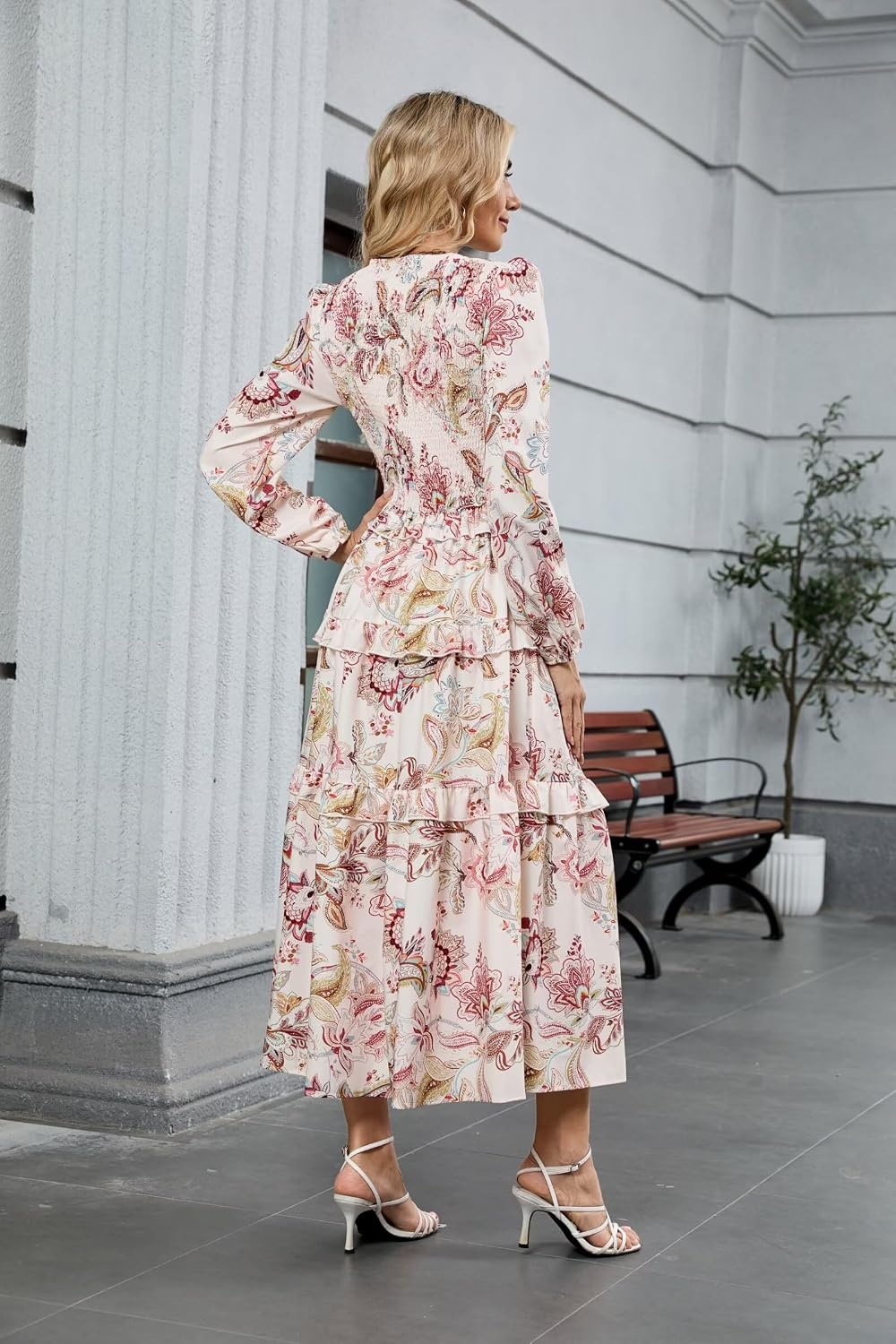 image:imageZAFUL Womens Fall Dresses Long Puff Sleeve Tiered Ruffled Flowy Maxi DressBeige
