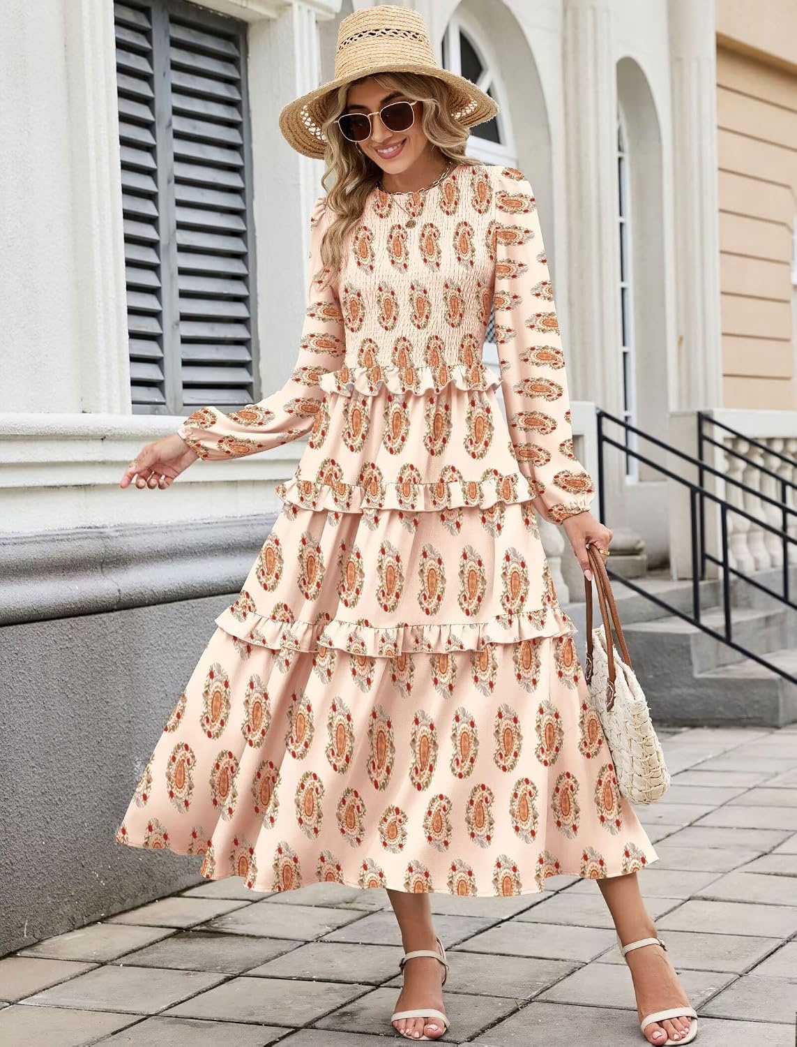 image:imageZAFUL Womens Fall Dresses Long Puff Sleeve Tiered Ruffled Flowy Maxi DressBeige Floral