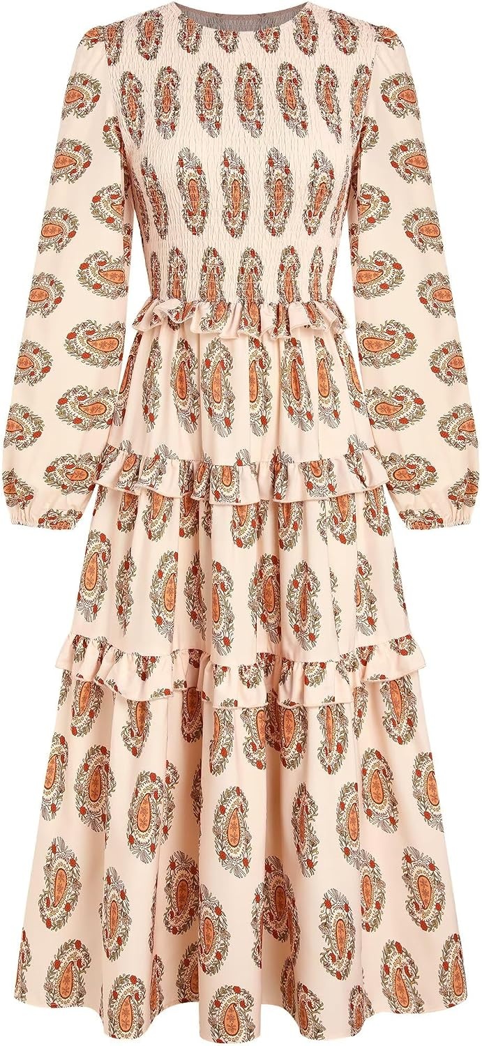 image:imageZAFUL Womens Fall Dresses Long Puff Sleeve Tiered Ruffled Flowy Maxi DressBeige Floral