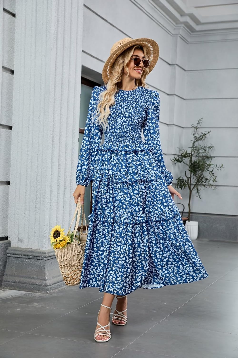 image:imageZAFUL Womens Fall Dresses Long Puff Sleeve Tiered Ruffled Flowy Maxi DressBlue