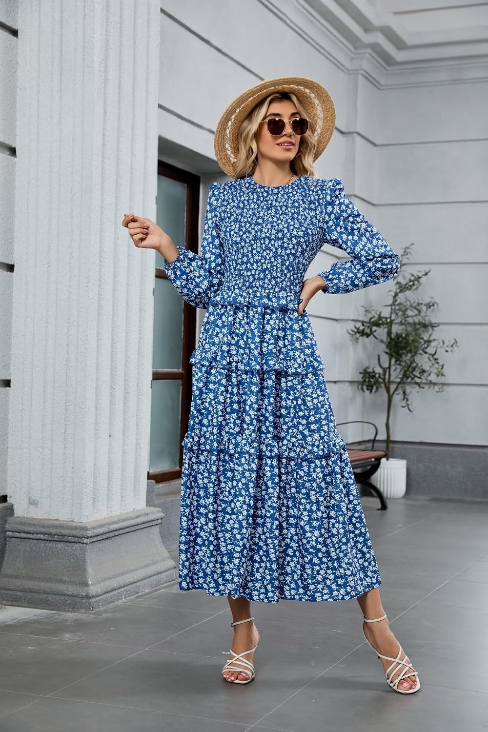 image:imageZAFUL Womens Fall Dresses Long Puff Sleeve Tiered Ruffled Flowy Maxi DressBlue